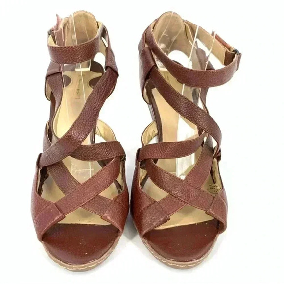 Max Studio heels size 7.5 brown leather sticky strap criss cross funky wedge - Picture 3 of 13